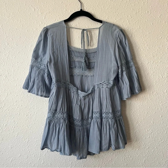 Free People Golden Hour Tie Back Flowy Blouse Blue Size Small - Picture 9 of 10